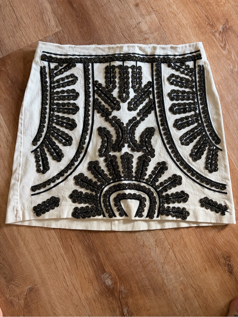 Blue Rain White Mini Skirt with Black Beaded Motif